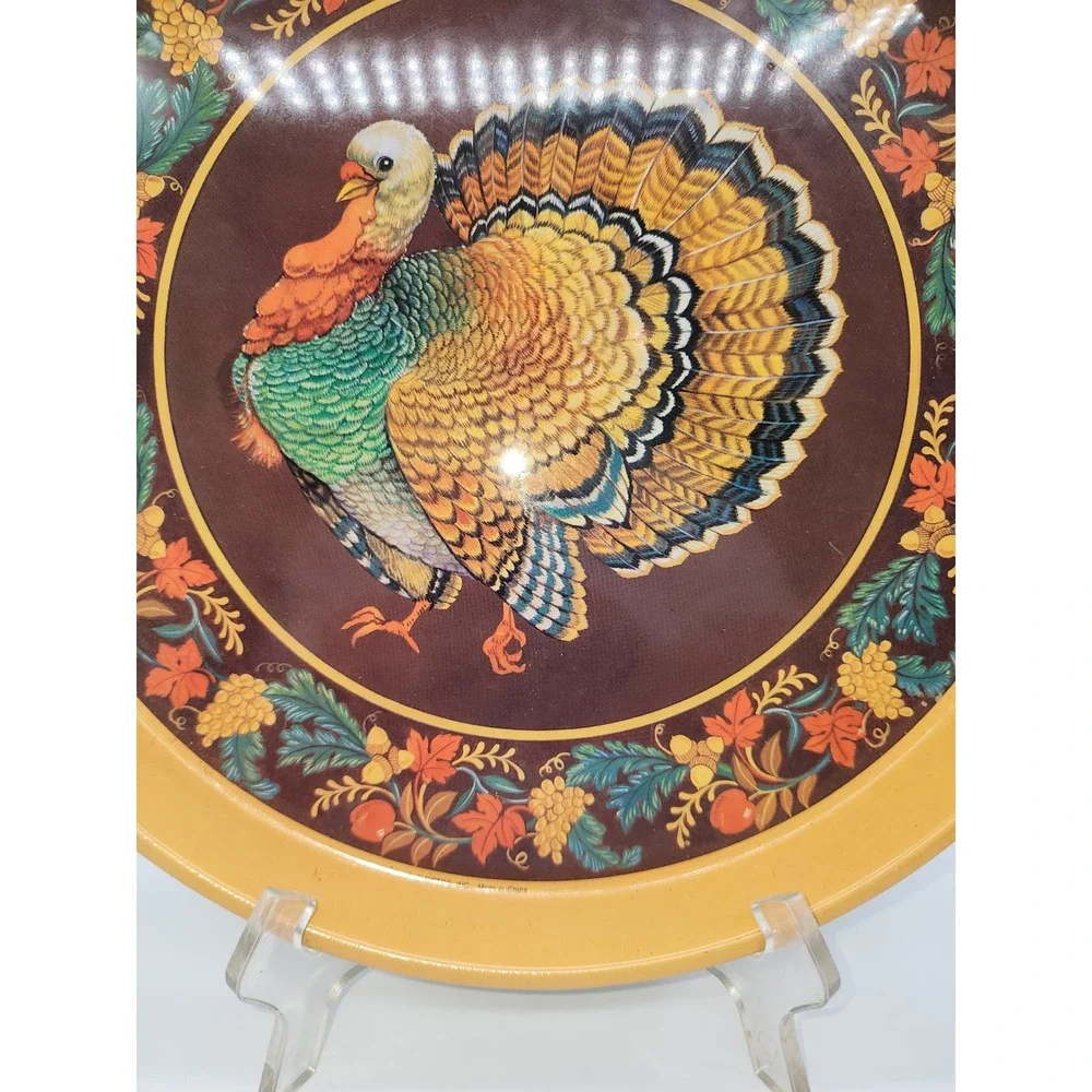 Vintage Thanksgiving Turkey Metal Serving Tray Round Tin Fall Harvest Decor 13